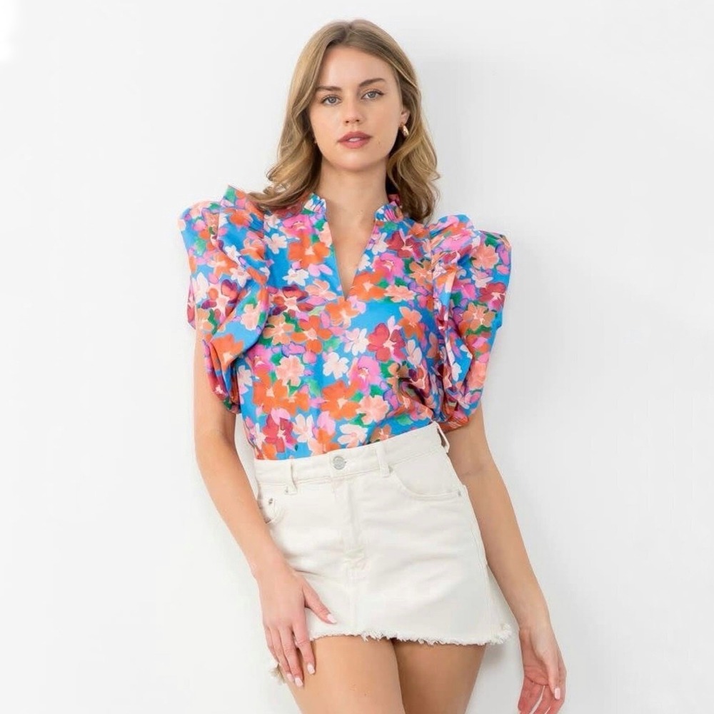 THML Multi Floral Print Frill Split‎ Neck Ruched Short Sleeve Top Size M